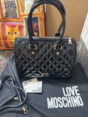 NWT! Love Moschino Black Quilted Patent Satchel with Gold Hardware